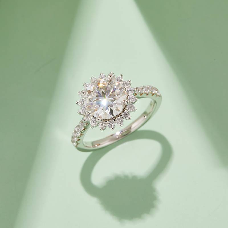 太阳花S925银镀白金MoissaniteWomen's Ring3.0ctD级